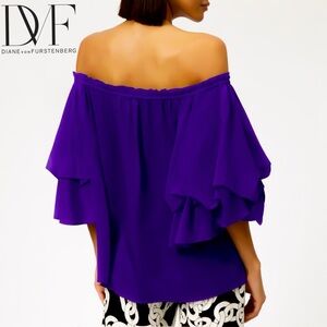 Diane Von Furstenberg Georganne Off the Shoulder Purple Silk Ruffle Blouse